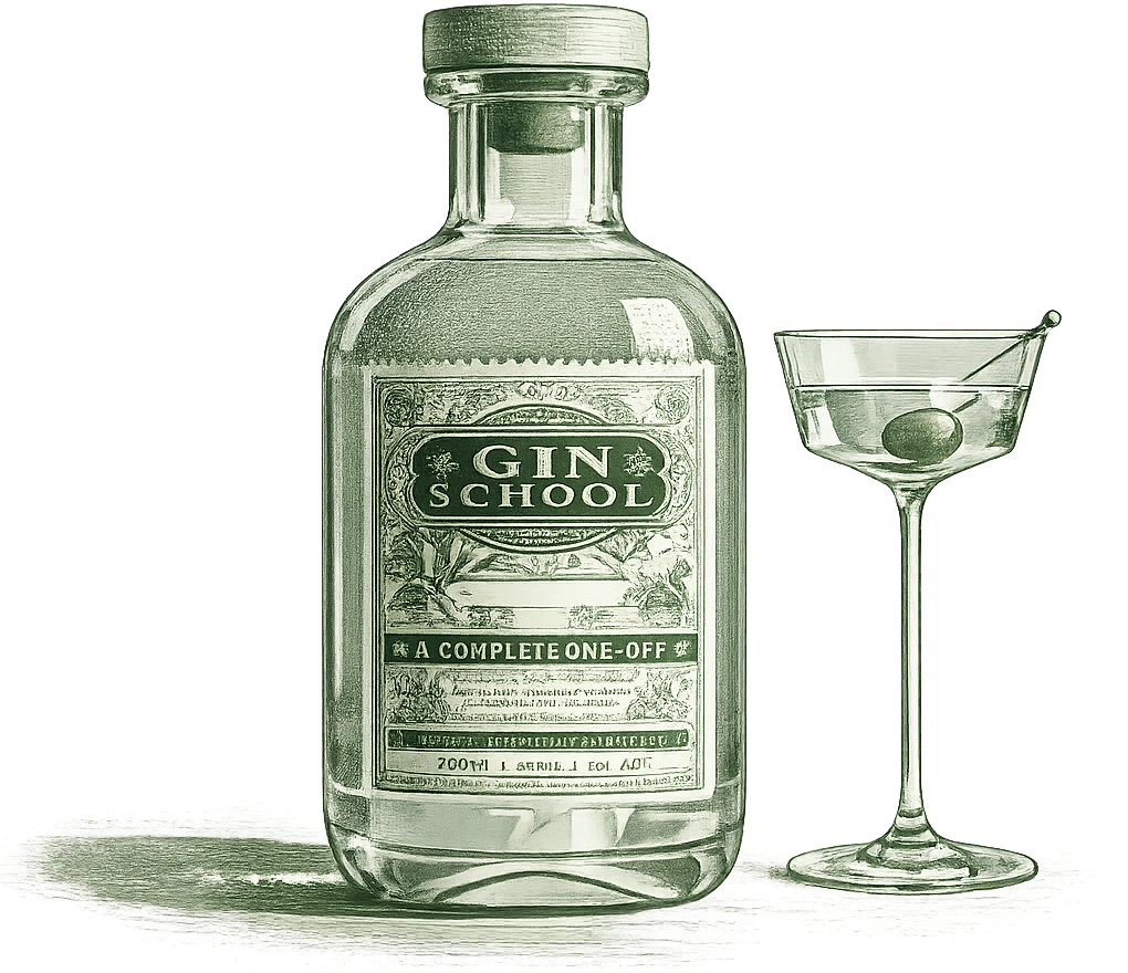 GinSchool intaglio bottle and cocktail